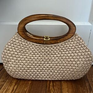 Woven Straw Tote Bag with Wooden Handles - Cream